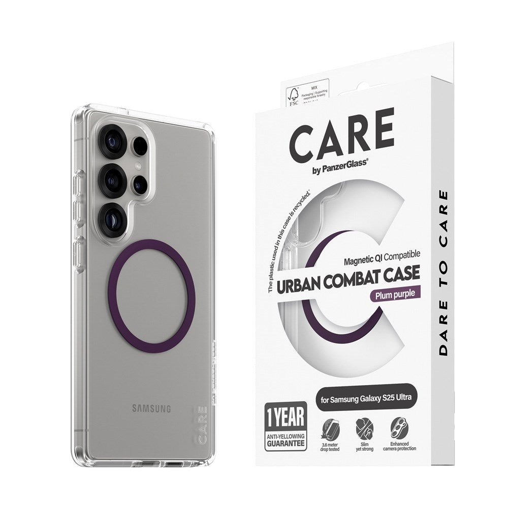 CARE by PanzerGlass Samsung Galaxy S25 Ultra FLAGSHIP Urban Combat Case - Qi Kompatibel -Gennemsigtig / Plum Purple