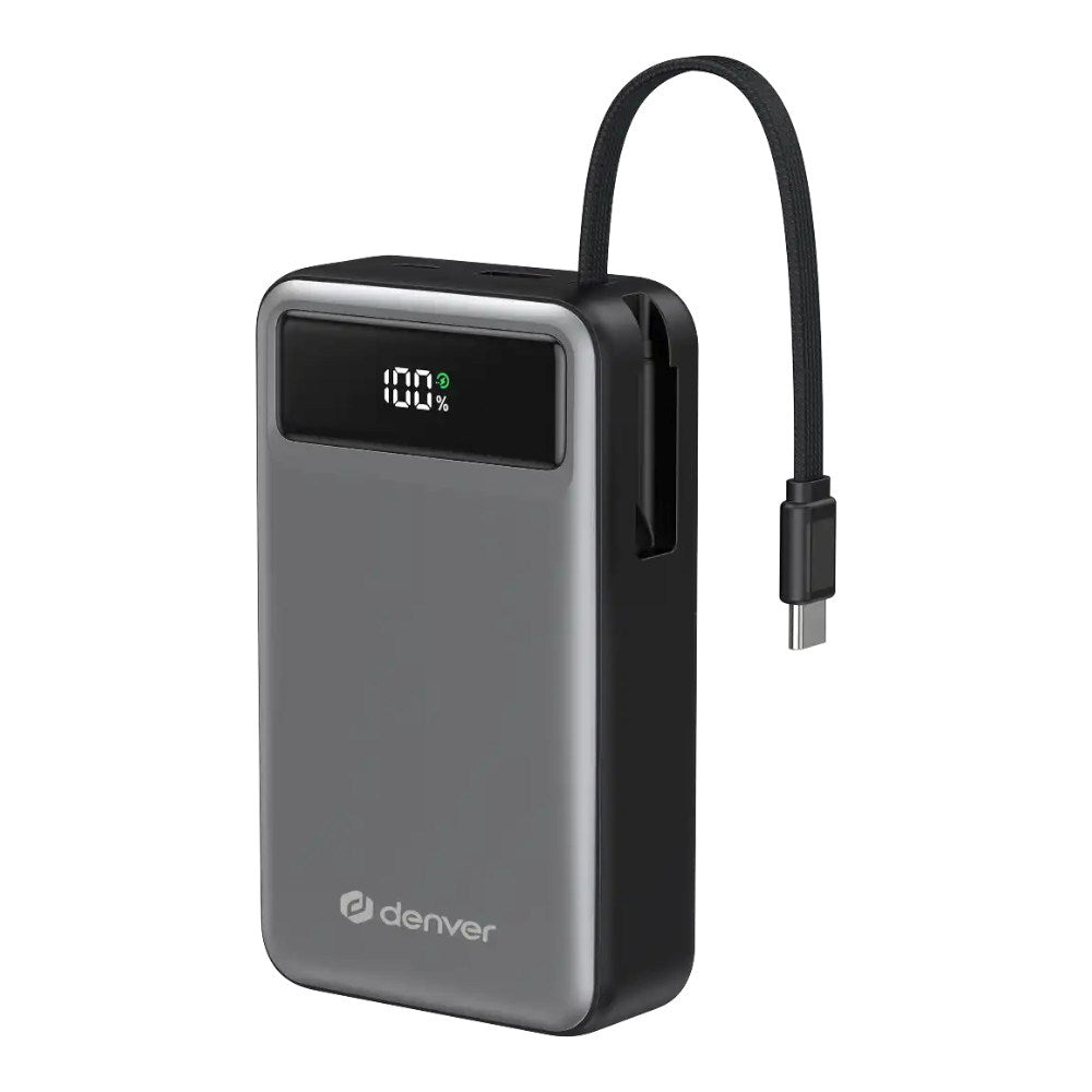 Denver PQCA-20650 65W PowerBank m. USB-A / USB-C / Indbygget USB-C Kabel - 20.000 mAh - Grå