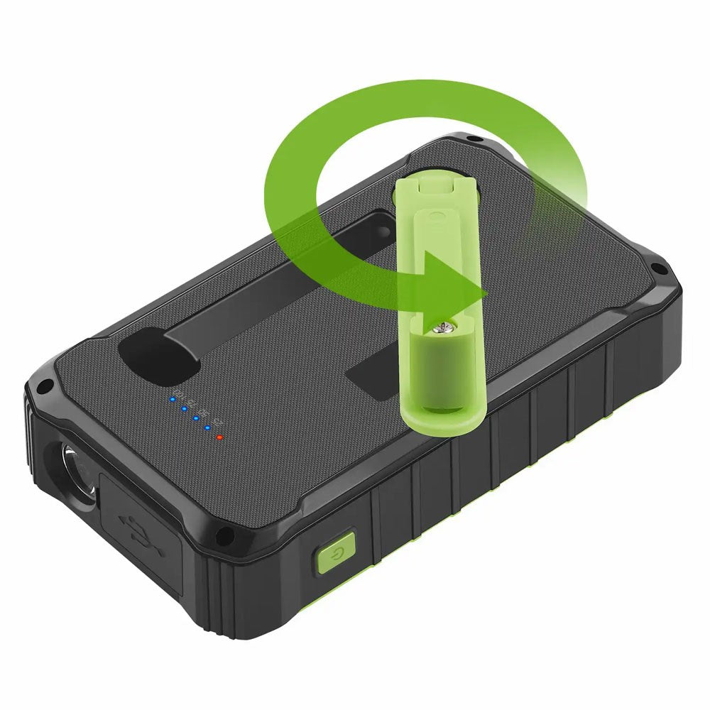 Denver PSO-10012 Solcelle PowerBank m. Håndsving & Lygte - 10.000 mAh - Sort / Grøn