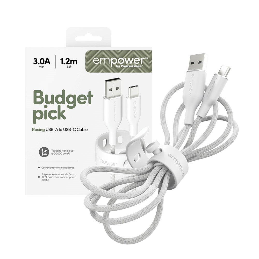 empower by PanzerGlass Racing 60W USB-A til USB-C Kabel - 1.2m - Silver White