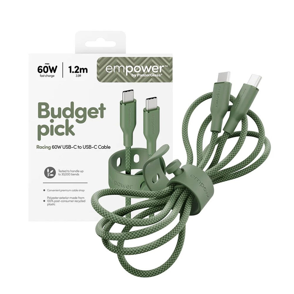 empower by PanzerGlass Racing 60W USB-C til USB-C Kabel - 1.2m - Sage