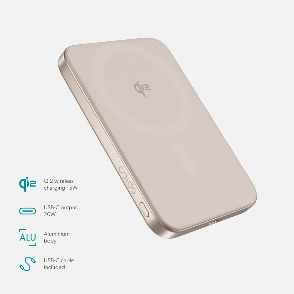 Epico 15W UltraPack EM51 Slim Alu Mag+ 5000 mAh Power Bank m. USB-C - Qi2 / MagSafe Kompatibel - Desert Titanium