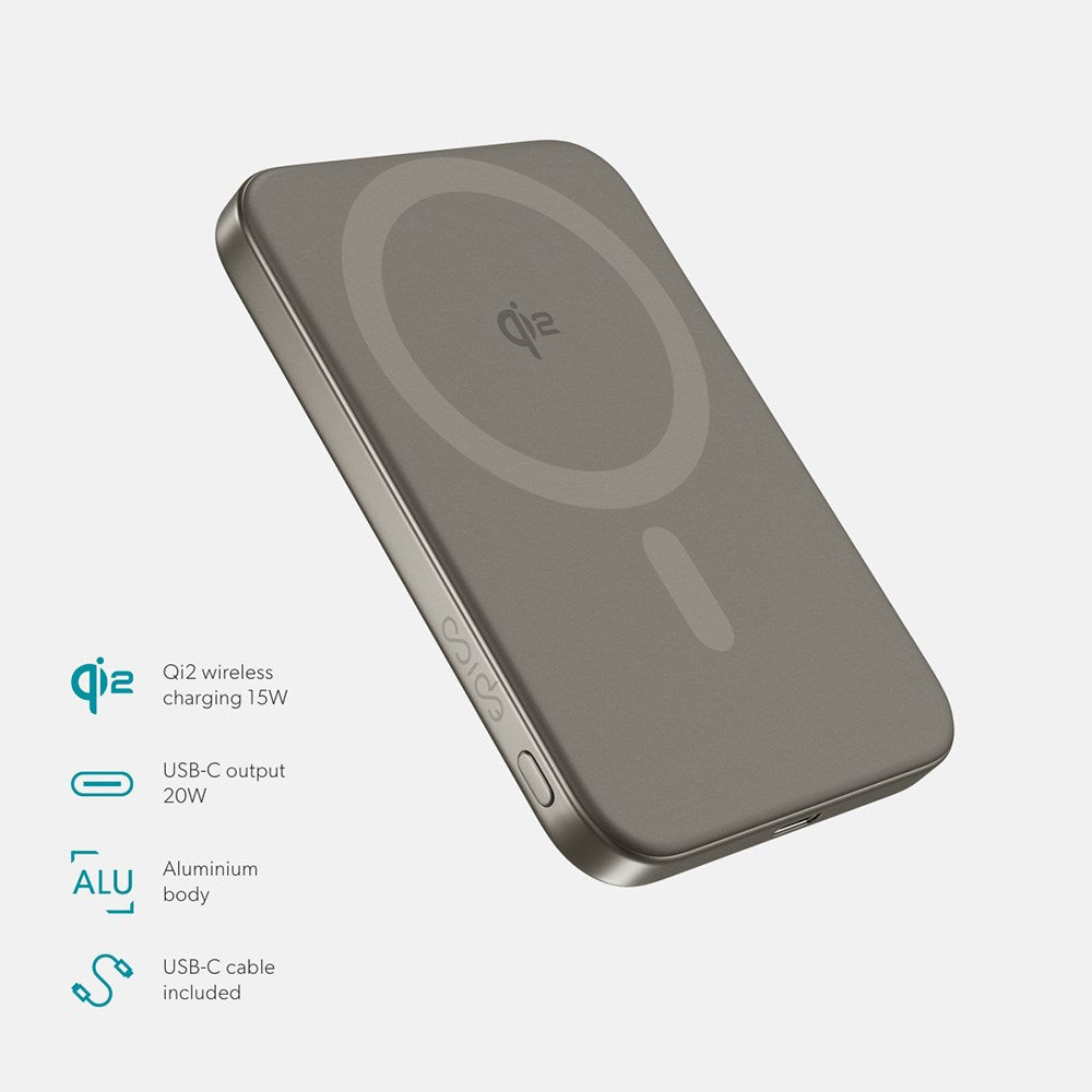 Epico 15W UltraPack EM51 Slim Alu Mag+ 5000 mAh Power Bank m. USB-C - Qi2 / MagSafe Kompatibel - Titanium