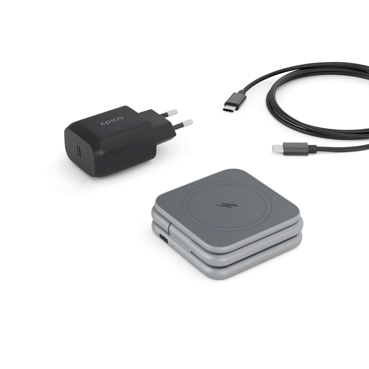Epico Mag+ Sammenfoldelig 3-i-1 15W Trådløs Oplader m. 25W USB-C Vægoplader & USB-C Kabel - MagSafe Kompatibel - Space Grey