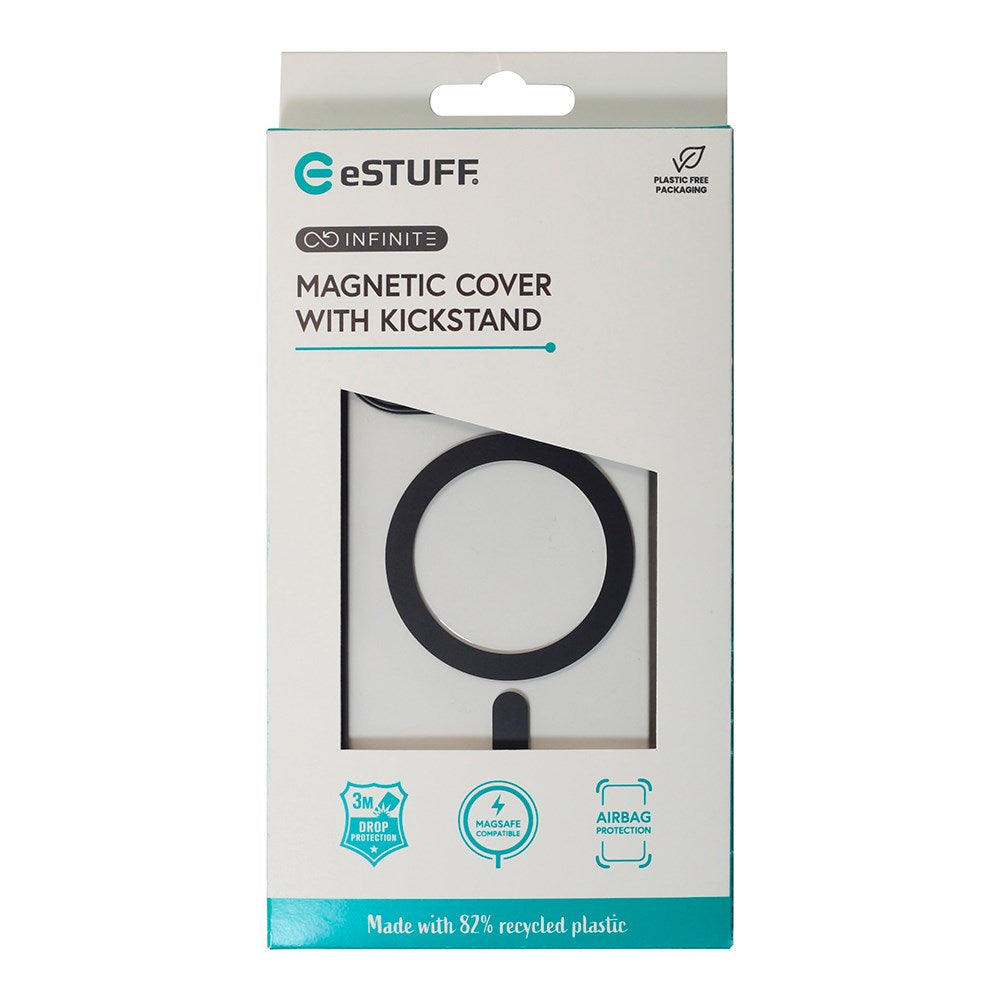 eSTUFF iPhone 16 Plus INFINITE HELSINKI Hybrid Plastik Cover med Kickstand - MagSafe Kompatibel - Sort / Gennemsigtig