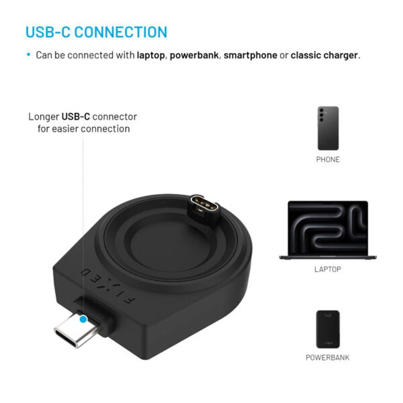 Fixed Trådløs USB-C Oplader til Garmin Smartwatch - Sort