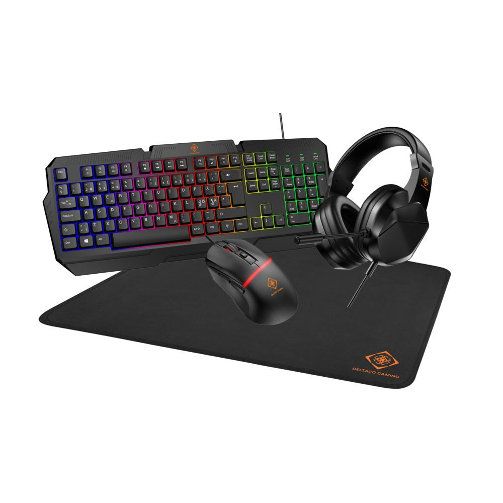 Deltaco 4-i-1 Gaming Sæt m. Headset / Tastatur / Mus / Musemåtte - Sort