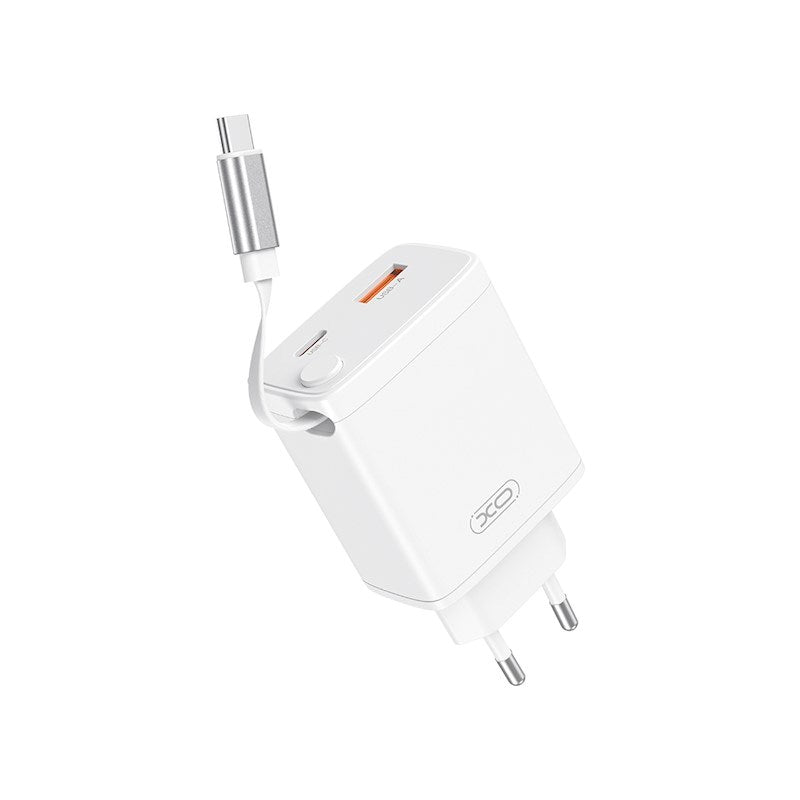 XO 30W Vægoplader 1 x USB-C 1 x USB-A med Udtrækkeligt USB-C Kabel - Hvid