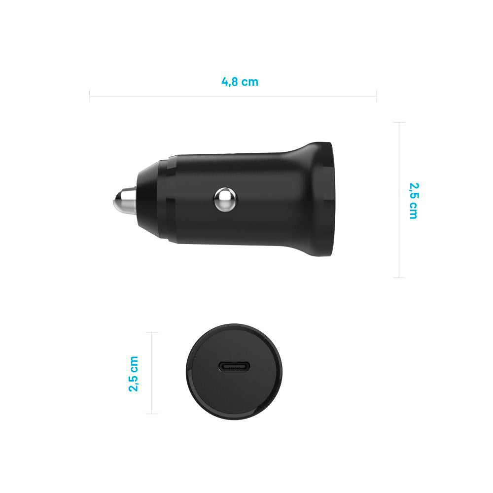 Fixed Biloplader - USB-C PD 20W m. USB-C til USB-C Kabel - Sort