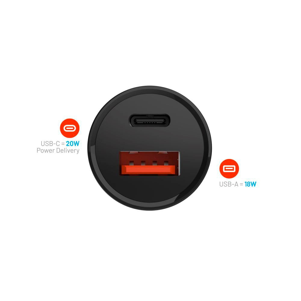 Fixed Biloplader m. USB-A & USB-C PD 20W - Sort
