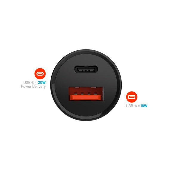 Fixed Biloplader m. USB-A & USB-C PD 20W - Sort