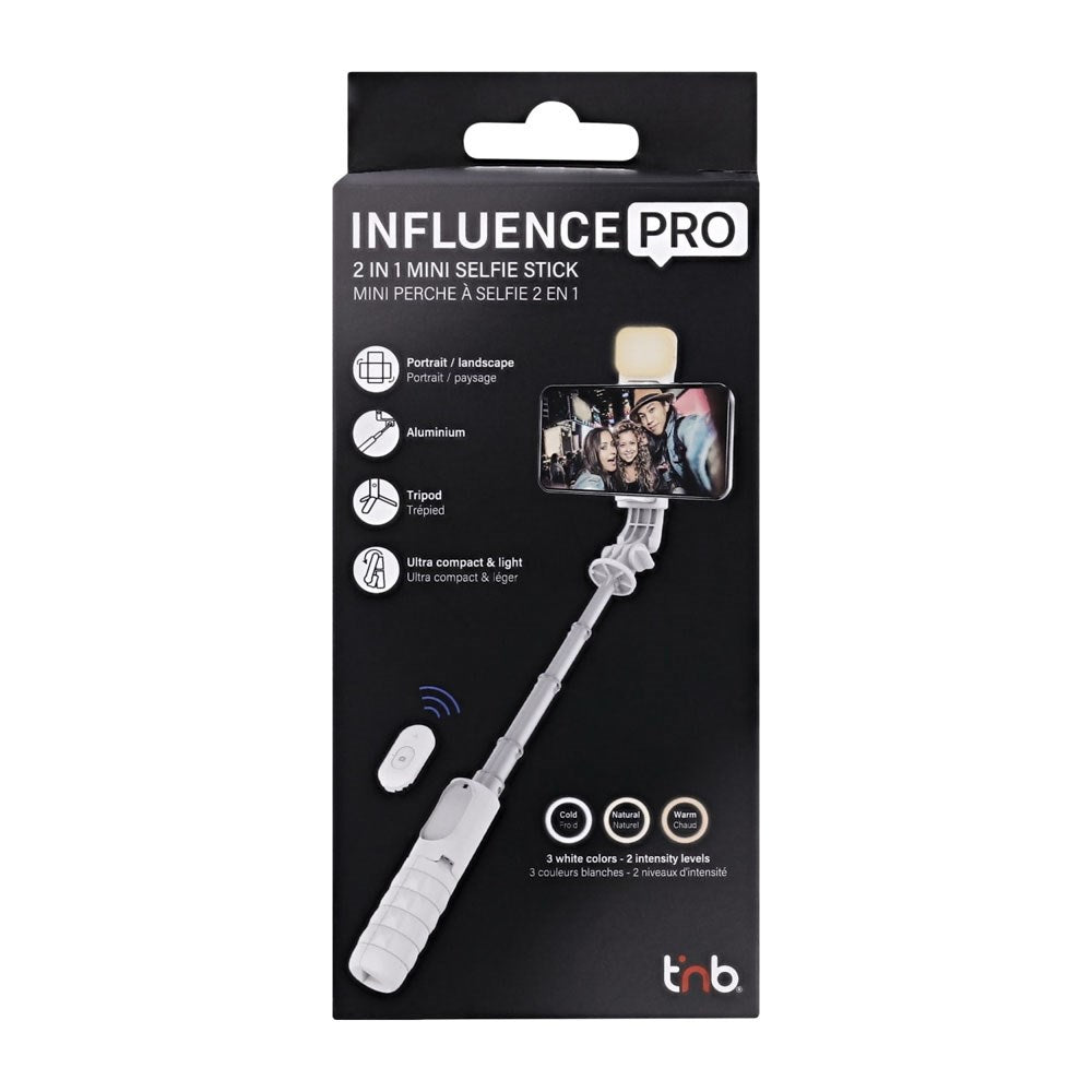 T'NB Influence Pro 2-in-1 Selfie Stang m. Tripodfunktion og LED Lys - Hvid