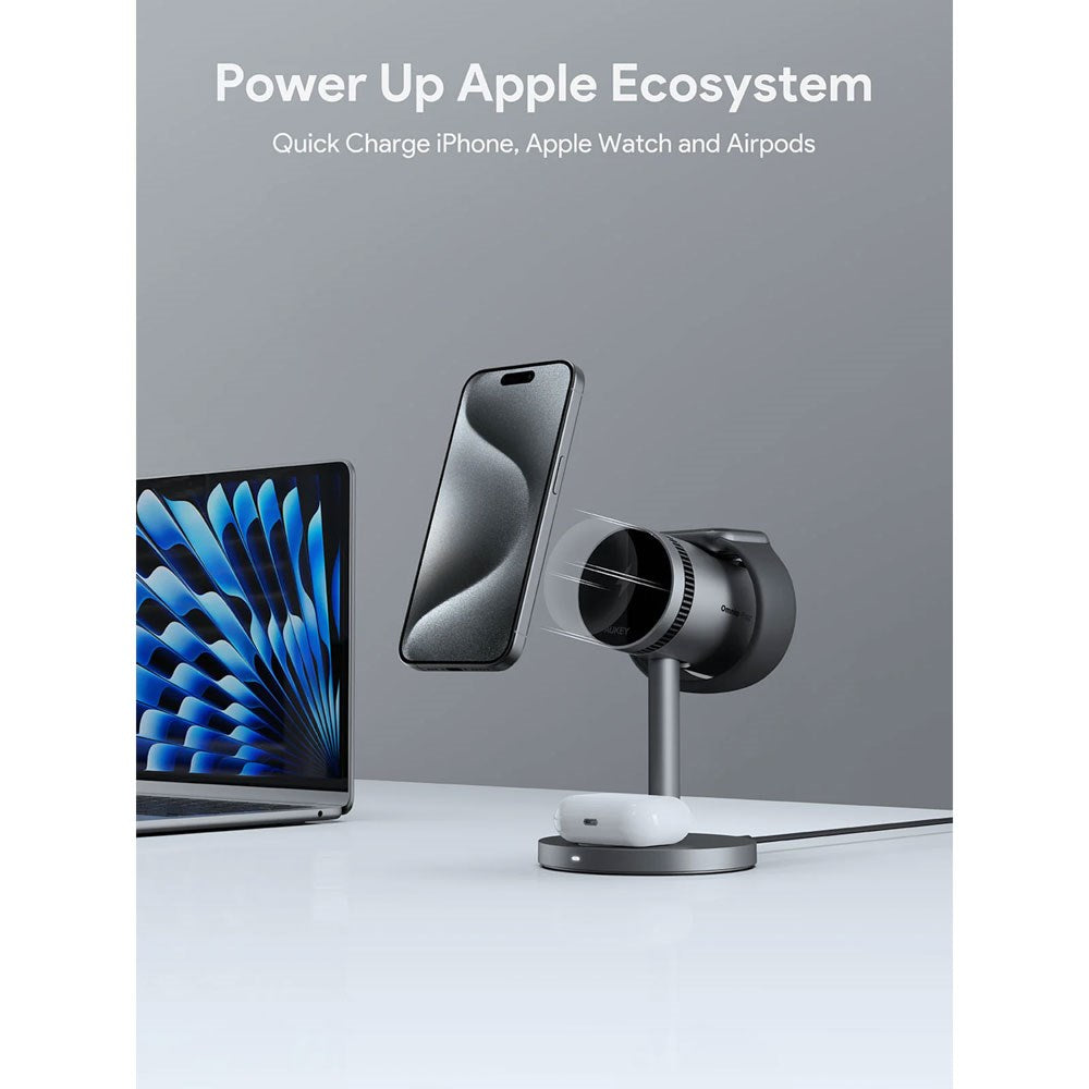 Aukey MagFusion 3-i-1 15W Trådløs Oplader til Smartphone / Apple Watch / AirPods - MagSafe / Qi2 Kompatibel - Grå