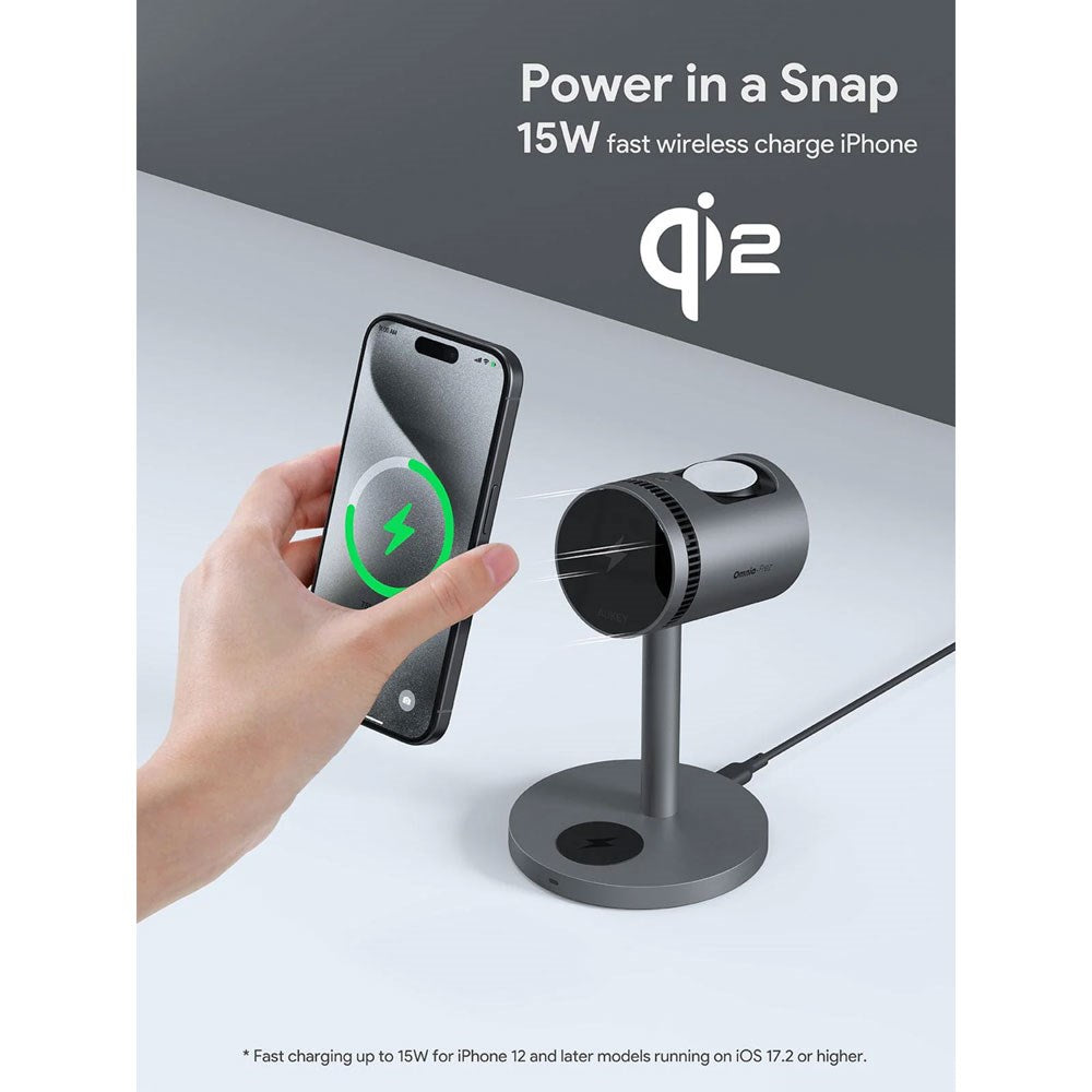 Aukey MagFusion 3-i-1 15W Trådløs Oplader til Smartphone / Apple Watch / AirPods - MagSafe / Qi2 Kompatibel - Grå