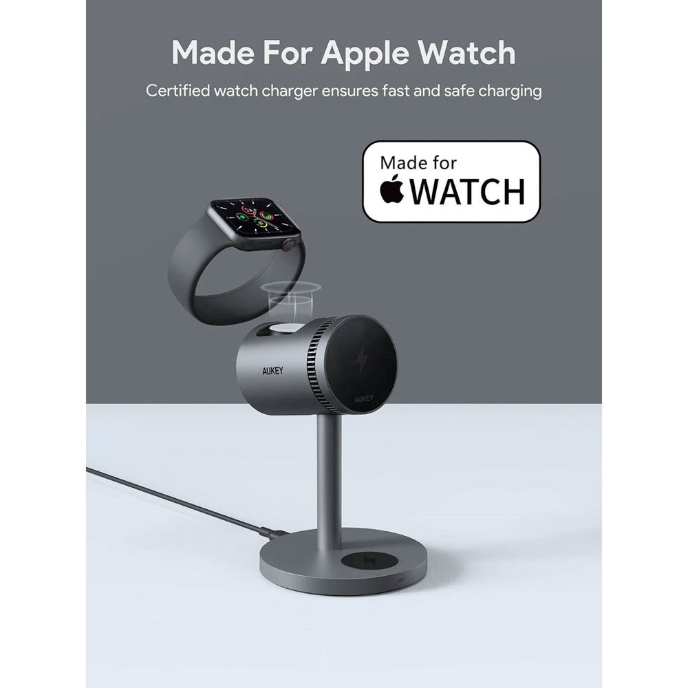 Aukey MagFusion 3-i-1 15W Trådløs Oplader til Smartphone / Apple Watch / AirPods - MagSafe / Qi2 Kompatibel - Grå