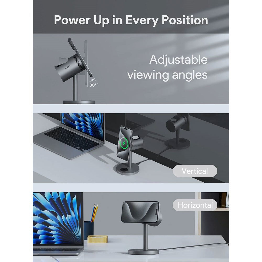Aukey MagFusion 3-i-1 15W Trådløs Oplader til Smartphone / Apple Watch / AirPods - MagSafe / Qi2 Kompatibel - Grå