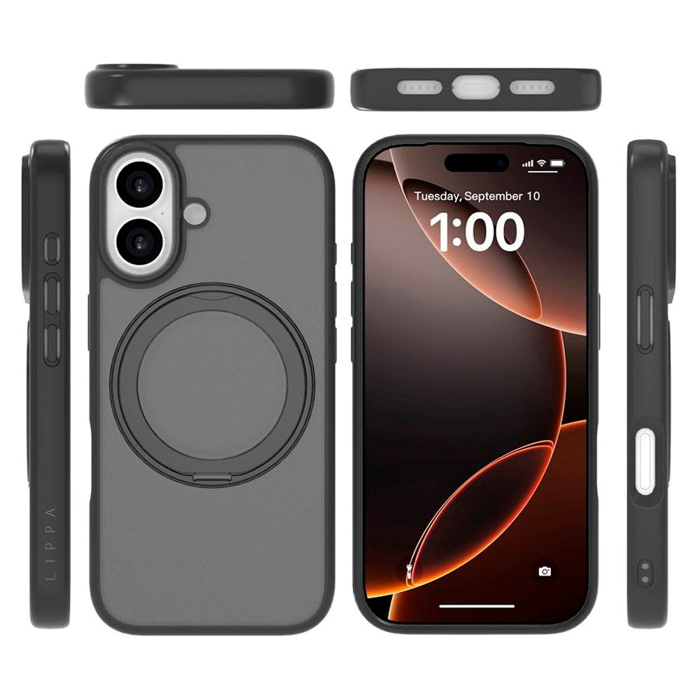 iPhone 17 Lippa Hybrid Plastik Cover m. 360 Roterende Kickstand - MagSafe Kompatibel - Mat / Sort