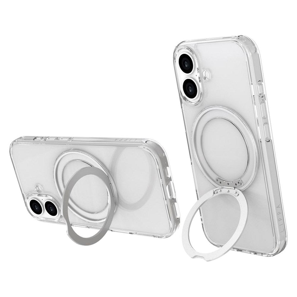 iPhone 17 Lippa Hybrid Plastik Cover m. 360 Roterende Kickstand - MagSafe Kompatibel - Gennemsigtig / Sølv