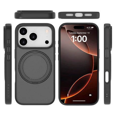 iPhone 17 Pro Lippa Hybrid Plastik Cover m. 360 Roterende Kickstand - MagSafe Kompatibel - Mat / Sort