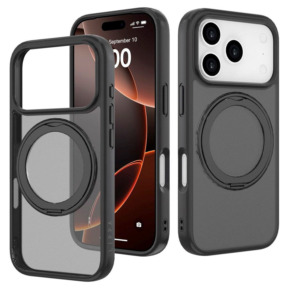 iPhone 17 Pro Lippa Hybrid Plastik Cover m. 360 Roterende Kickstand - MagSafe Kompatibel - Mat / Sort