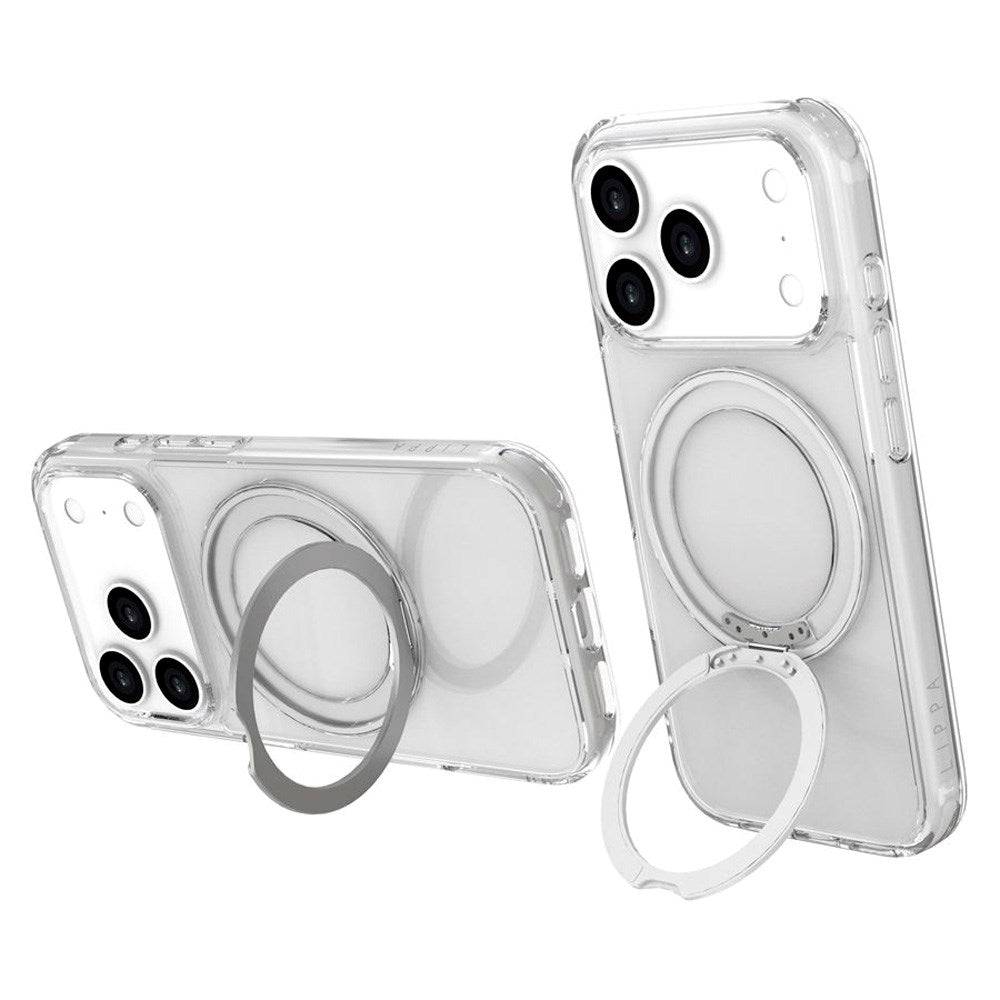 iPhone 17 Pro Lippa Hybrid Plastik Cover m. 360 Roterende Kickstand - MagSafe Kompatibel - Gennemsigtig / Sølv