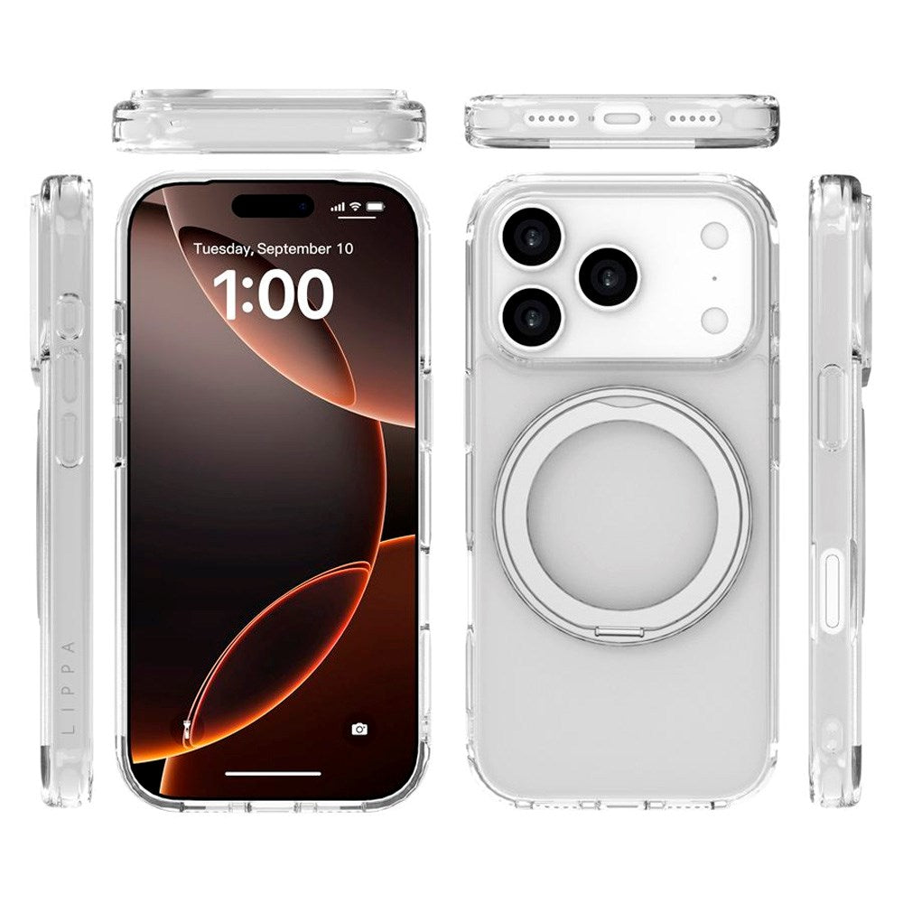 iPhone 17 Pro Lippa Hybrid Plastik Cover m. 360 Roterende Kickstand - MagSafe Kompatibel - Gennemsigtig / Sølv