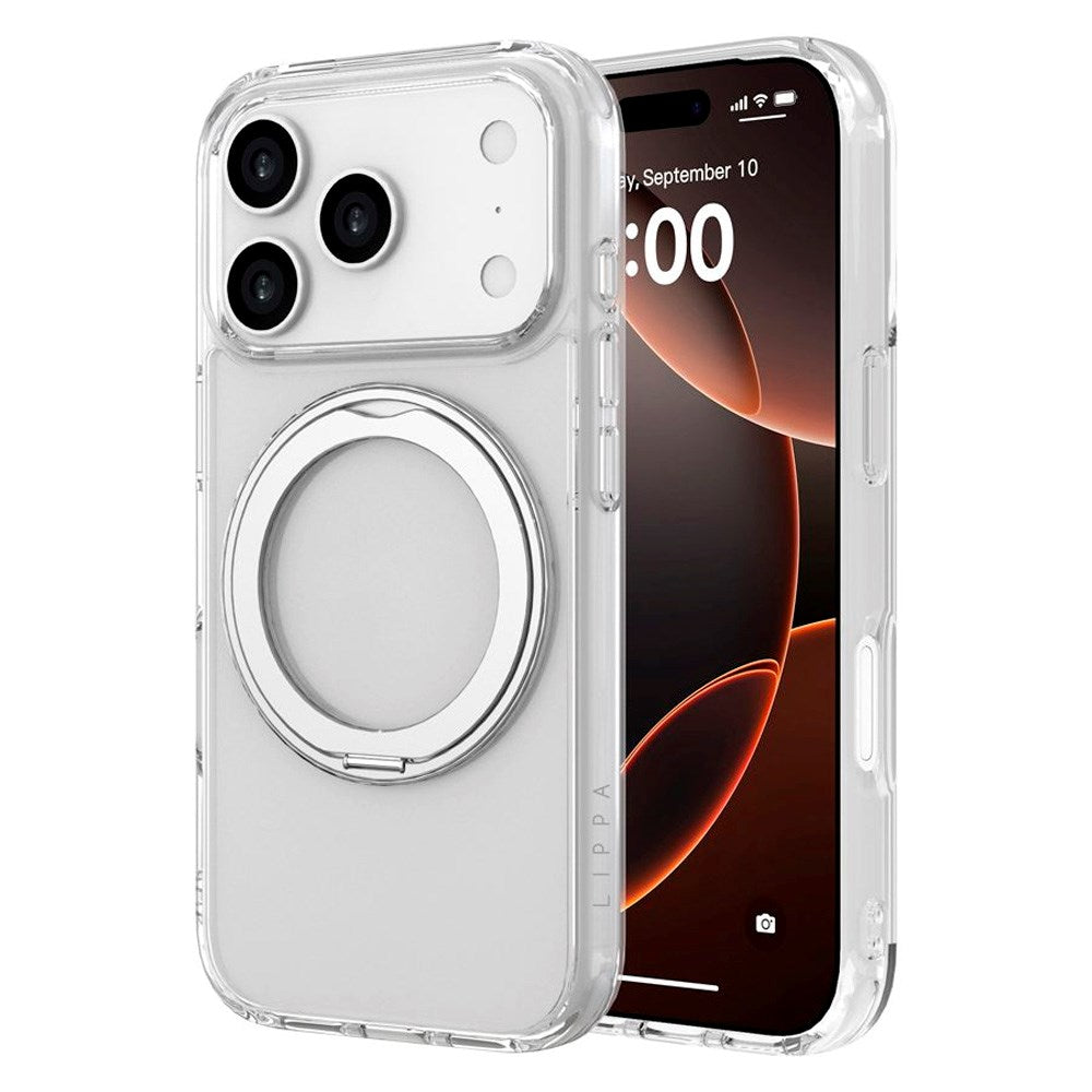 iPhone 17 Pro Lippa Hybrid Plastik Cover m. 360 Roterende Kickstand - MagSafe Kompatibel - Gennemsigtig / Sølv