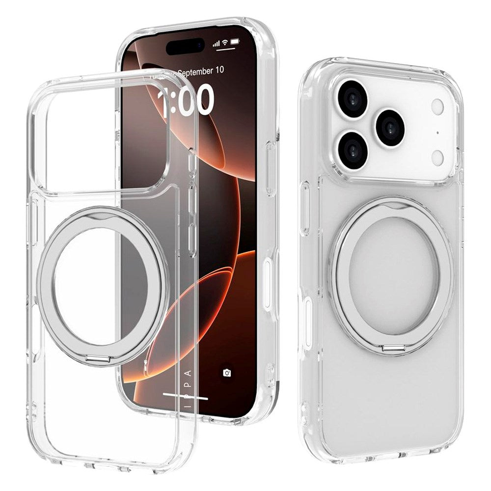 iPhone 17 Pro Lippa Hybrid Plastik Cover m. 360 Roterende Kickstand - MagSafe Kompatibel - Gennemsigtig / Sølv