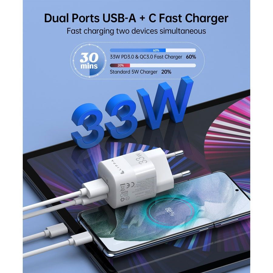 Lippa 33W GaN Vægoplader m. USB-C PD & USB-A QC - Hvid