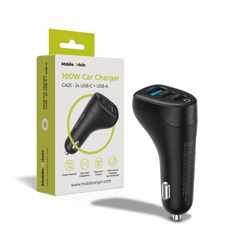 Biloplader Mobile Origin 100W m. 2x USB-C + 1x USB-A - Sort