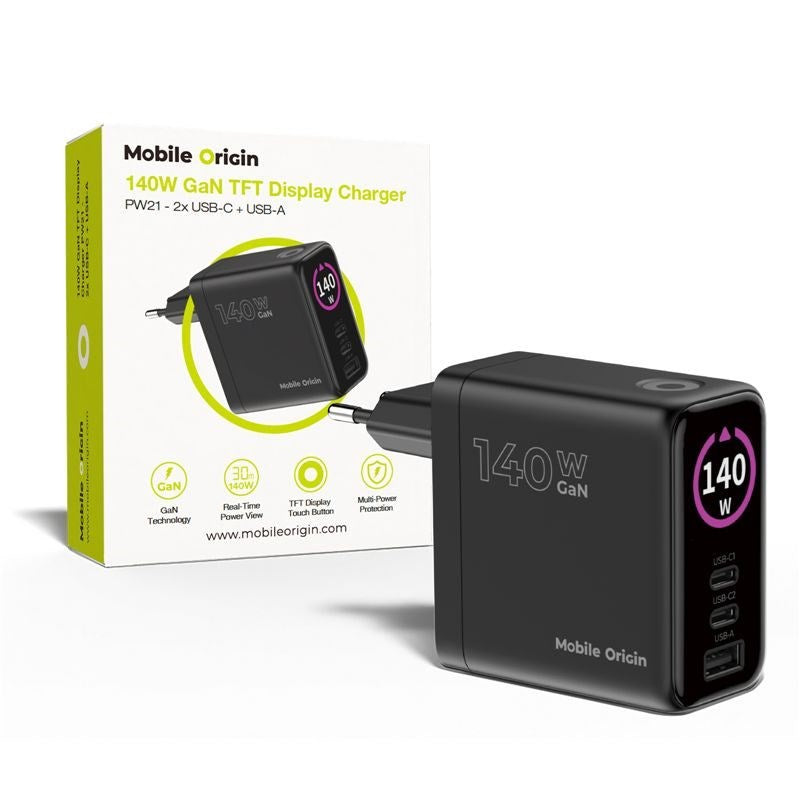 Display Vægoplader Mobile Origin GaN 140W m. 2x USB-C + 1x USB-A - Sort