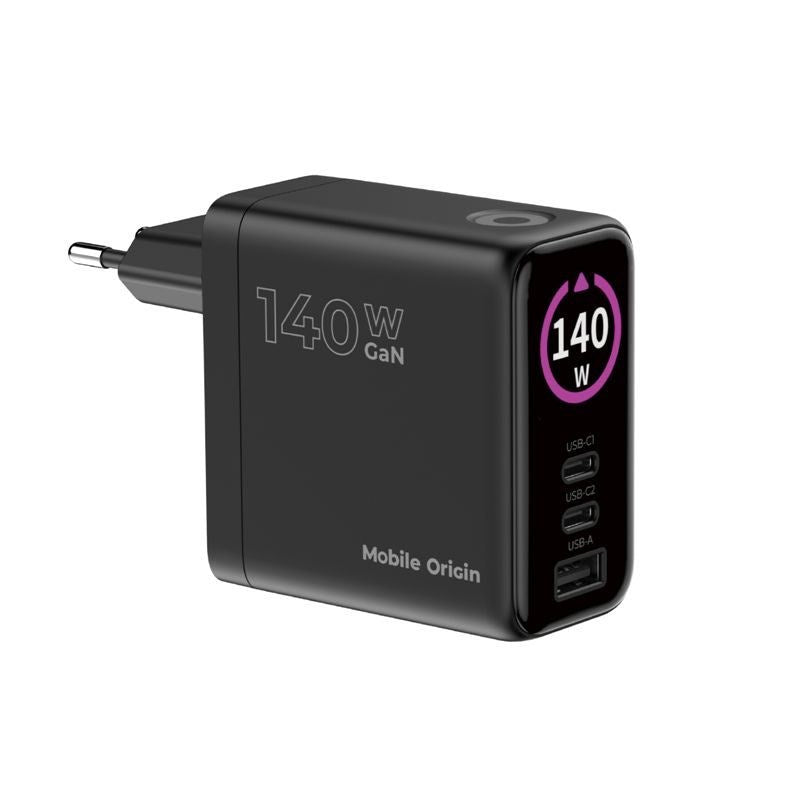 Display Vægoplader Mobile Origin GaN 140W m. 2x USB-C + 1x USB-A - Sort