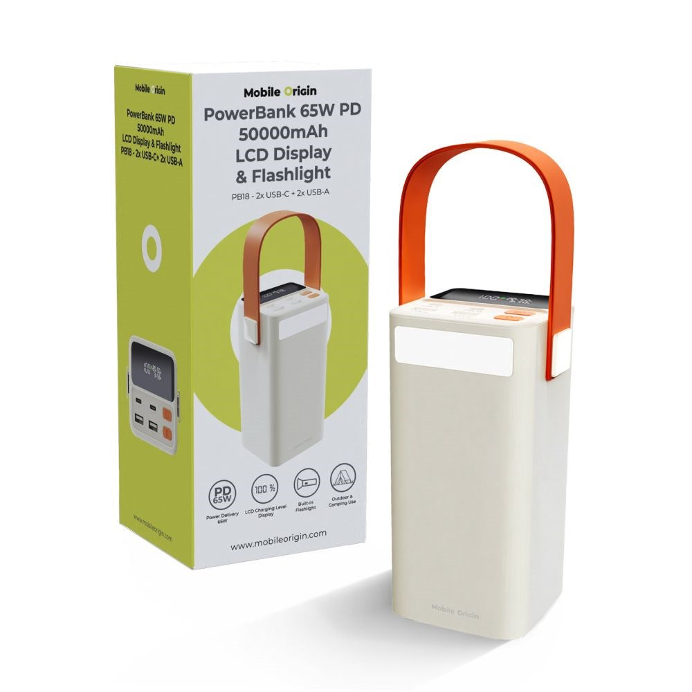 Mobile Origin 50.000mAh Udendørs Powerbank m. 65W - 2 x USB-C - 2 x USB-A - Lommelygte - Håndtag - Hvid