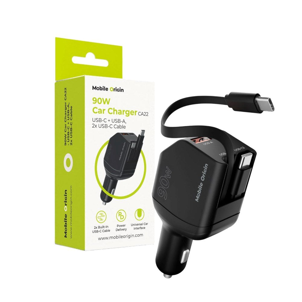 4-i-1 Biloplader 90W Mobile Origin m. USB-C + USB-A og 2x Udtrækkeligt USB-C Kabel - Sort