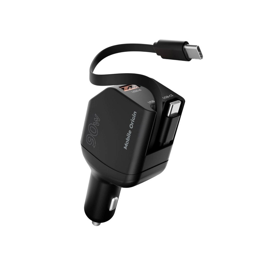 4-i-1 Biloplader 90W Mobile Origin m. USB-C + USB-A og 2x Udtrækkeligt USB-C Kabel - Sort