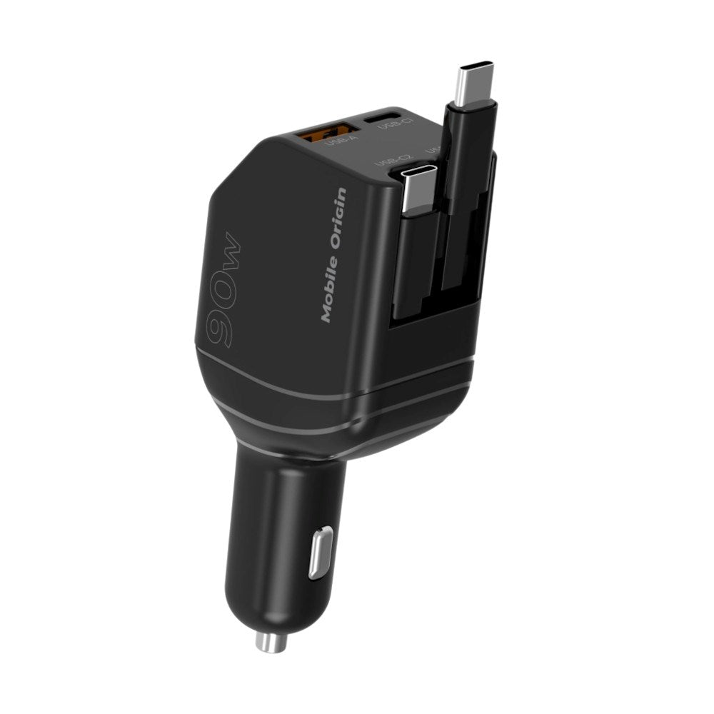4-i-1 Biloplader 90W Mobile Origin m. USB-C + USB-A og 2x Udtrækkeligt USB-C Kabel - Sort