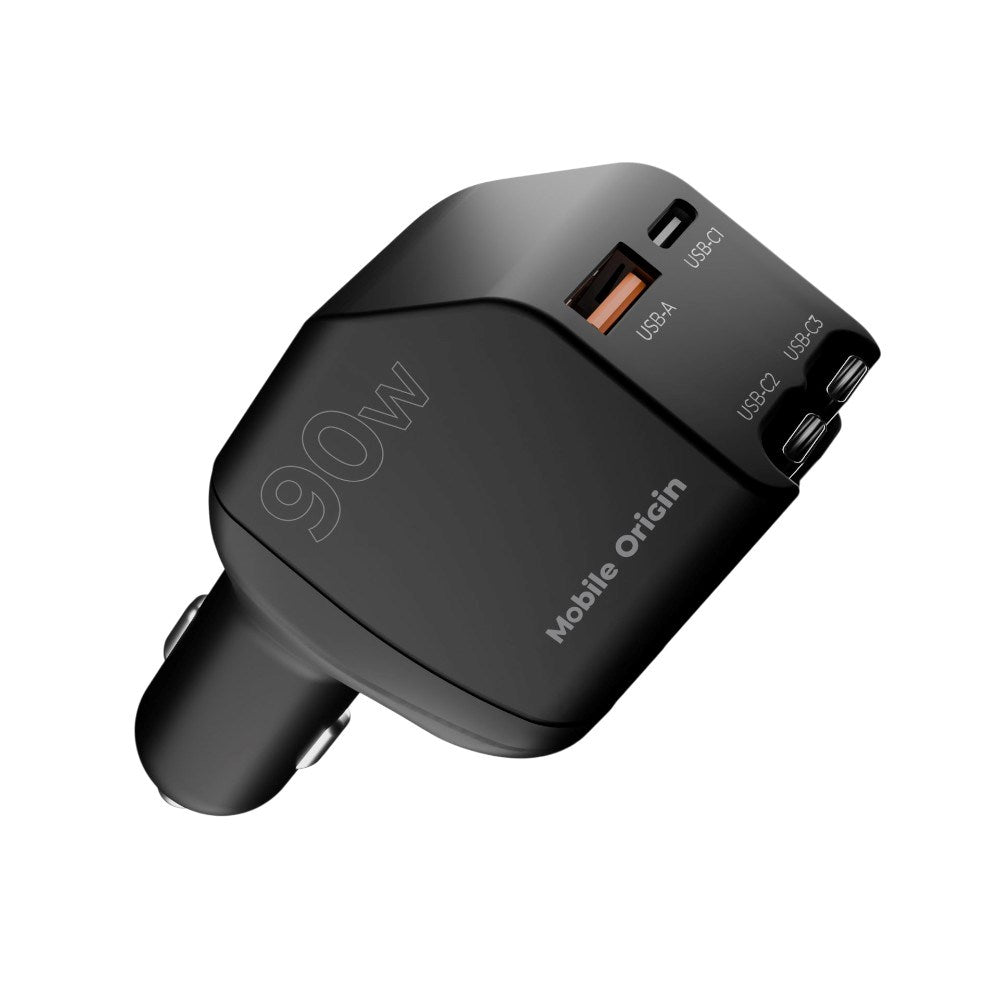 4-i-1 Biloplader 90W Mobile Origin m. USB-C + USB-A og 2x Udtrækkeligt USB-C Kabel - Sort