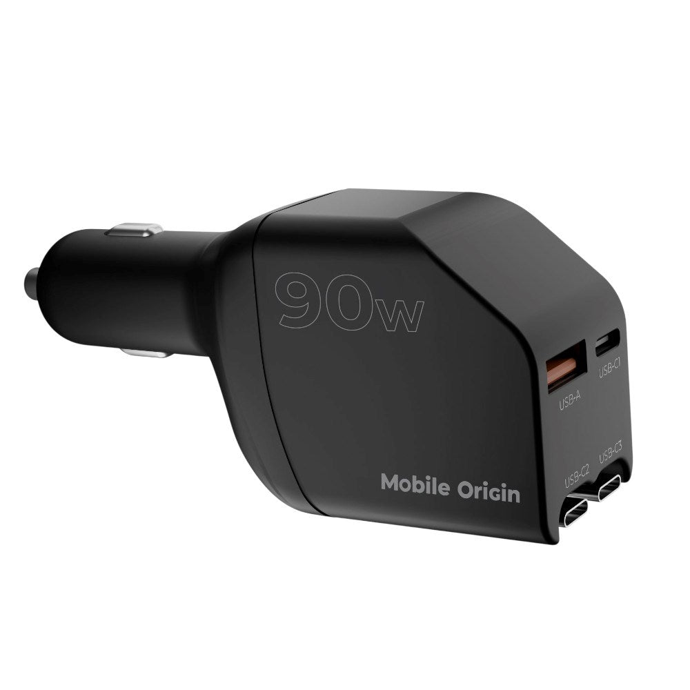 4-i-1 Biloplader 90W Mobile Origin m. USB-C + USB-A og 2x Udtrækkeligt USB-C Kabel - Sort