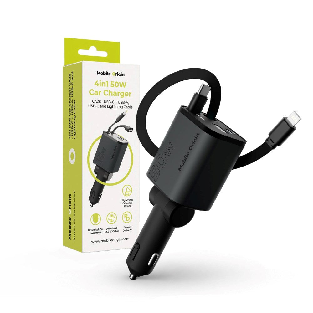 4-i-1 Biloplader Mobile Origin 50W m. USB-C + USB-A Port og Udtrækkelig USB-C and Lightning Kabel - Grå