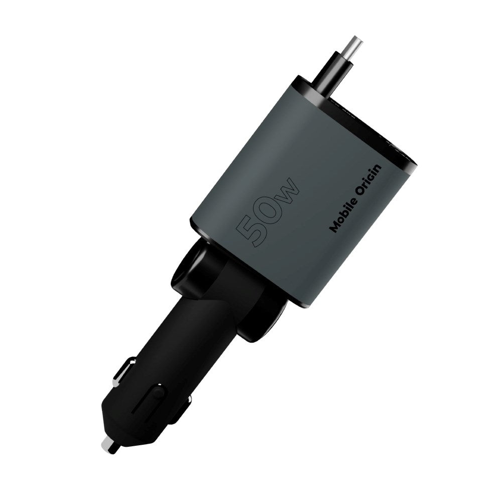 4-i-1 Biloplader Mobile Origin 50W m. USB-C + USB-A Port og Udtrækkelig USB-C and Lightning Kabel - Grå