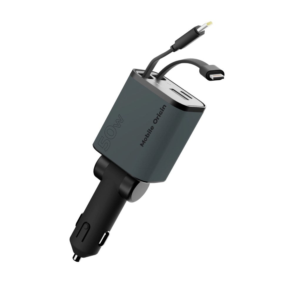 4-i-1 Biloplader Mobile Origin 50W m. USB-C + USB-A Port og Udtrækkelig USB-C and Lightning Kabel - Grå