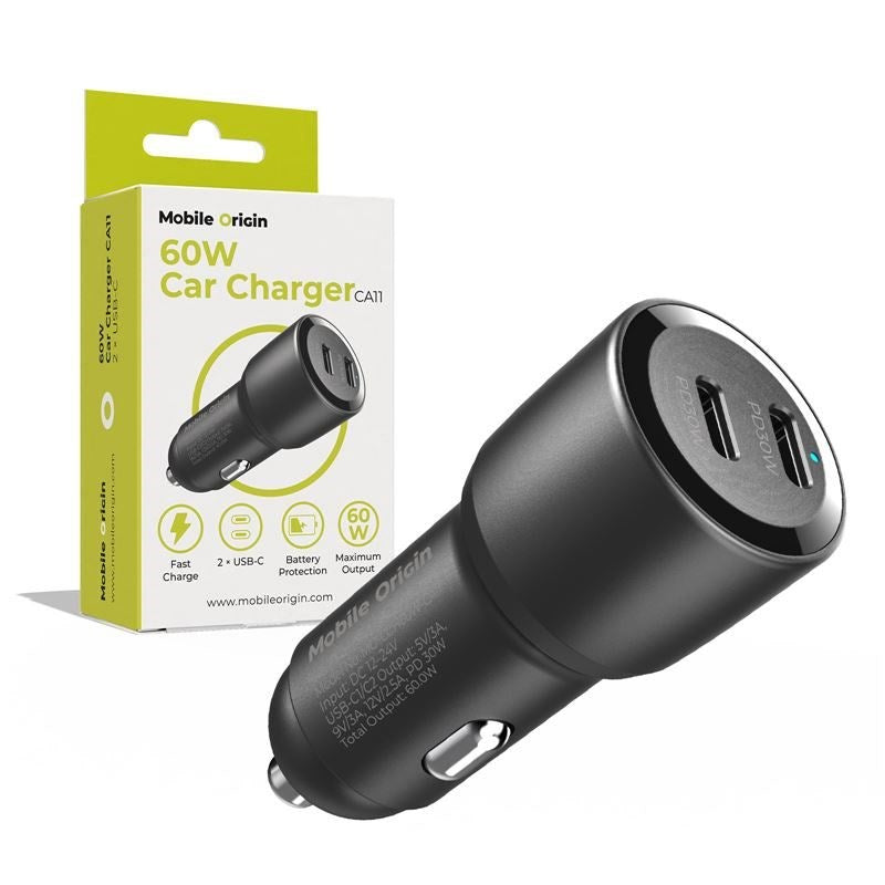 Biloplader Mobile Origin 60W m. 2x USB-C - Sort