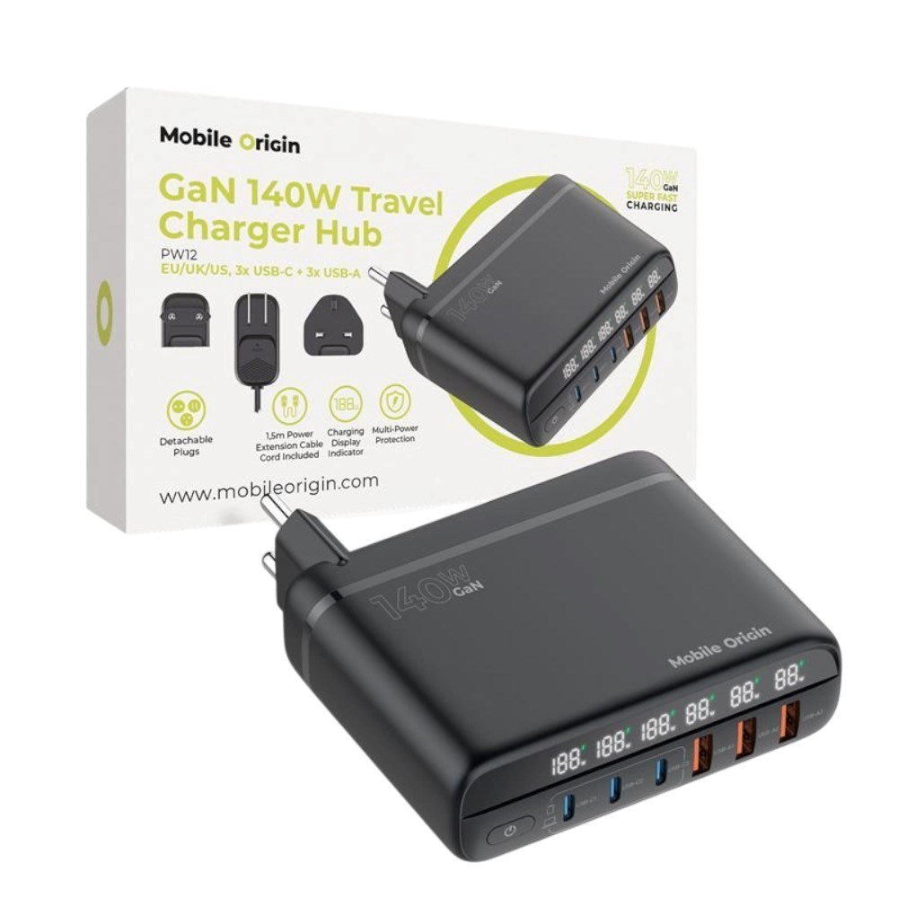 6-i-1 Rejseadapter Til EU/UK/USA Mobile Origin - 3x USB-C + 3x USB-A - Sort