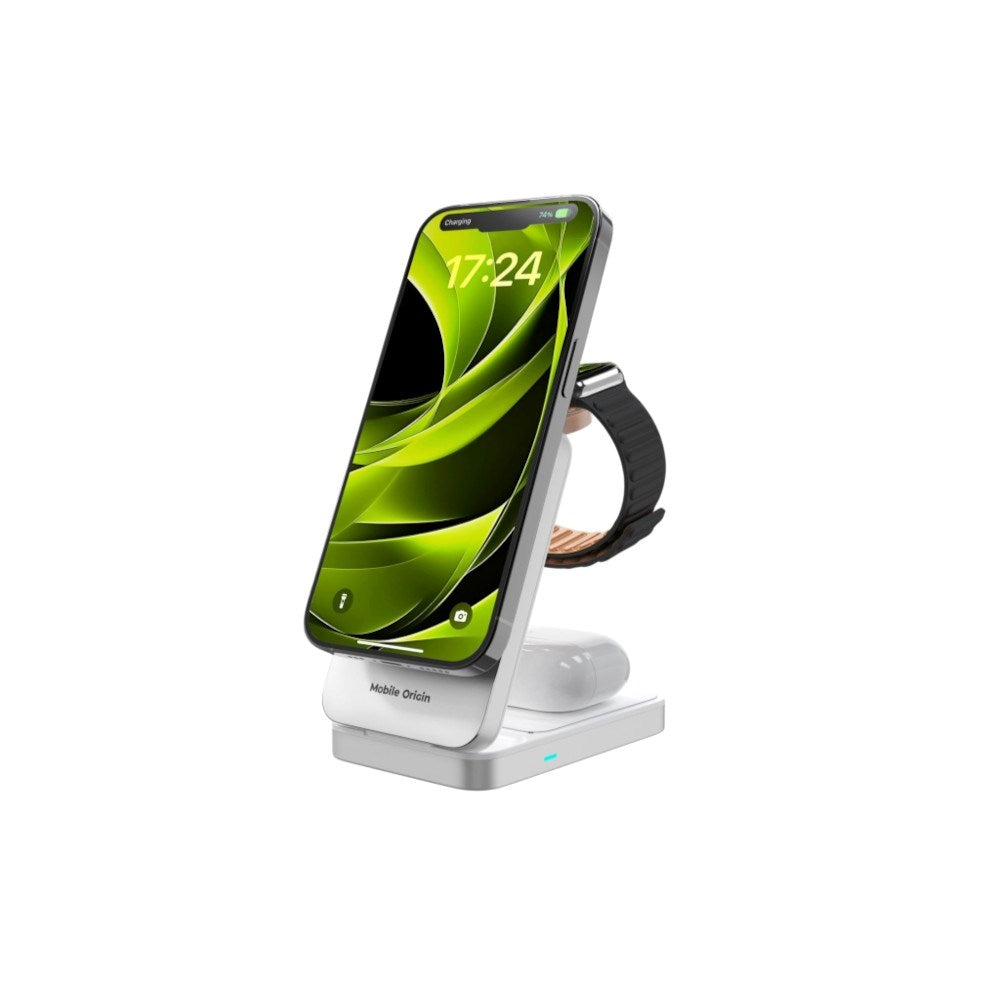 3-i-1 Qi2 Foldbar Trådløs Oplader Mobile Origin - Til Telefon, Apple Watch & Høretelefoner - Sølv
