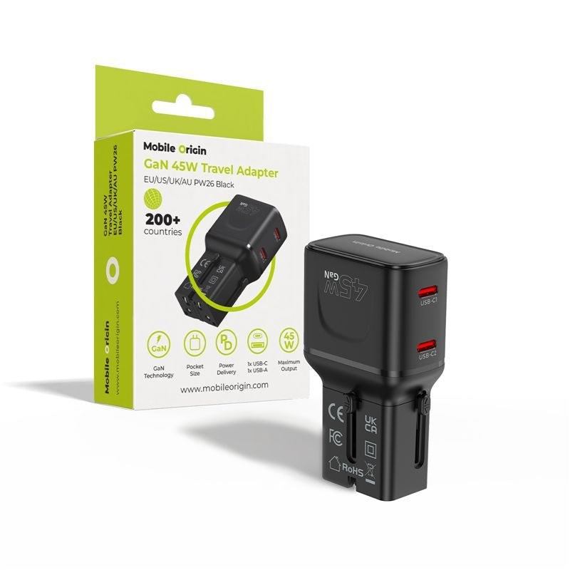 Rejseadapter Mobile Origin 45W EU / US / UK / AU - Sort