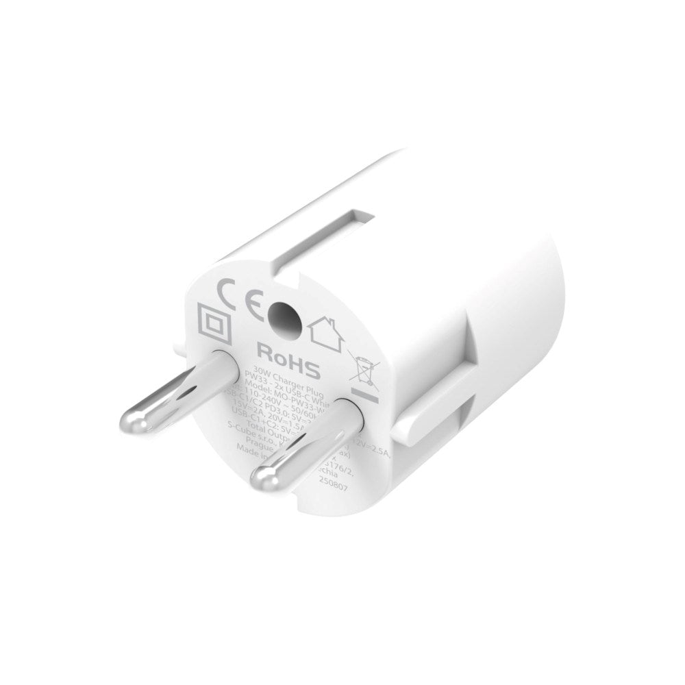 Vægoplader 30W Mobile Origin Hurtig Oplader 2 x USB-C - Hvid