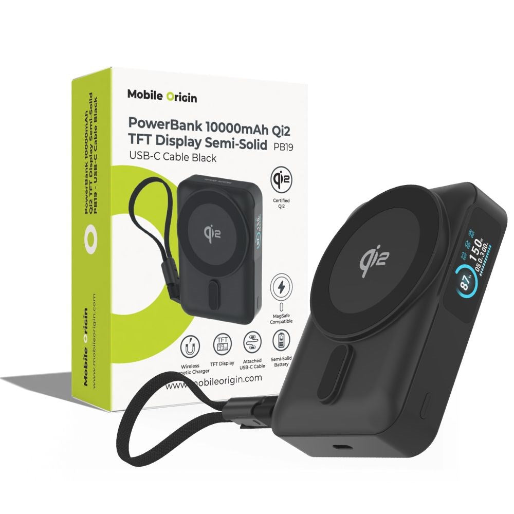 Mobile Origin 10.000mAh Powerbank m. Trådløs Opladning / Indbygget USB-C Kabel - MagSafe / Qi2 Kompatibel - Sort