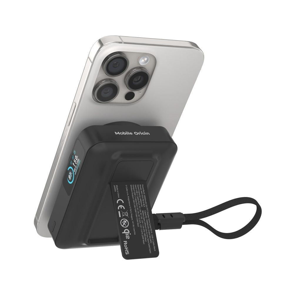 Mobile Origin 10.000mAh Powerbank m. Trådløs Opladning / Indbygget USB-C Kabel - MagSafe / Qi2 Kompatibel - Sort