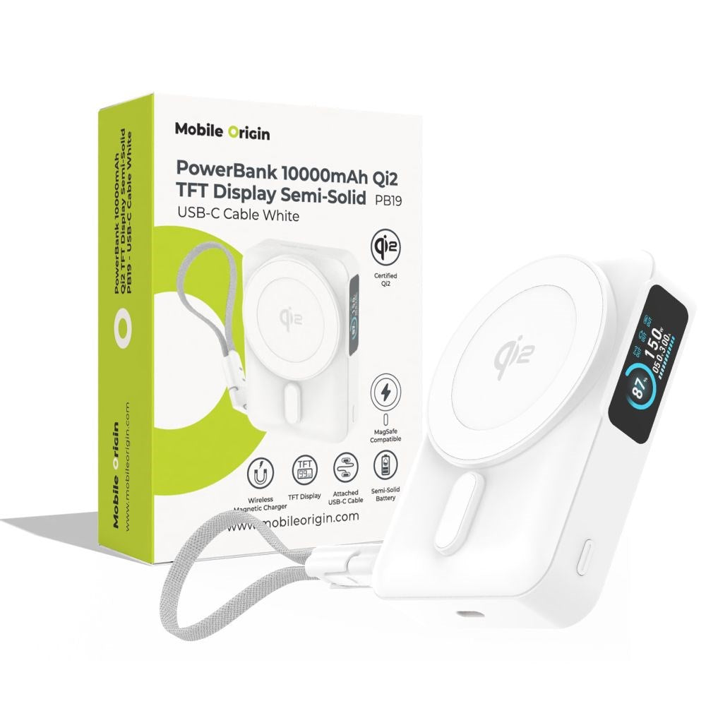 Mobile Origin 10.000mAh Powerbank m. Trådløs Opladning / Indbygget USB-C Kabel - MagSafe / Qi2 Kompatibel - Hvid
