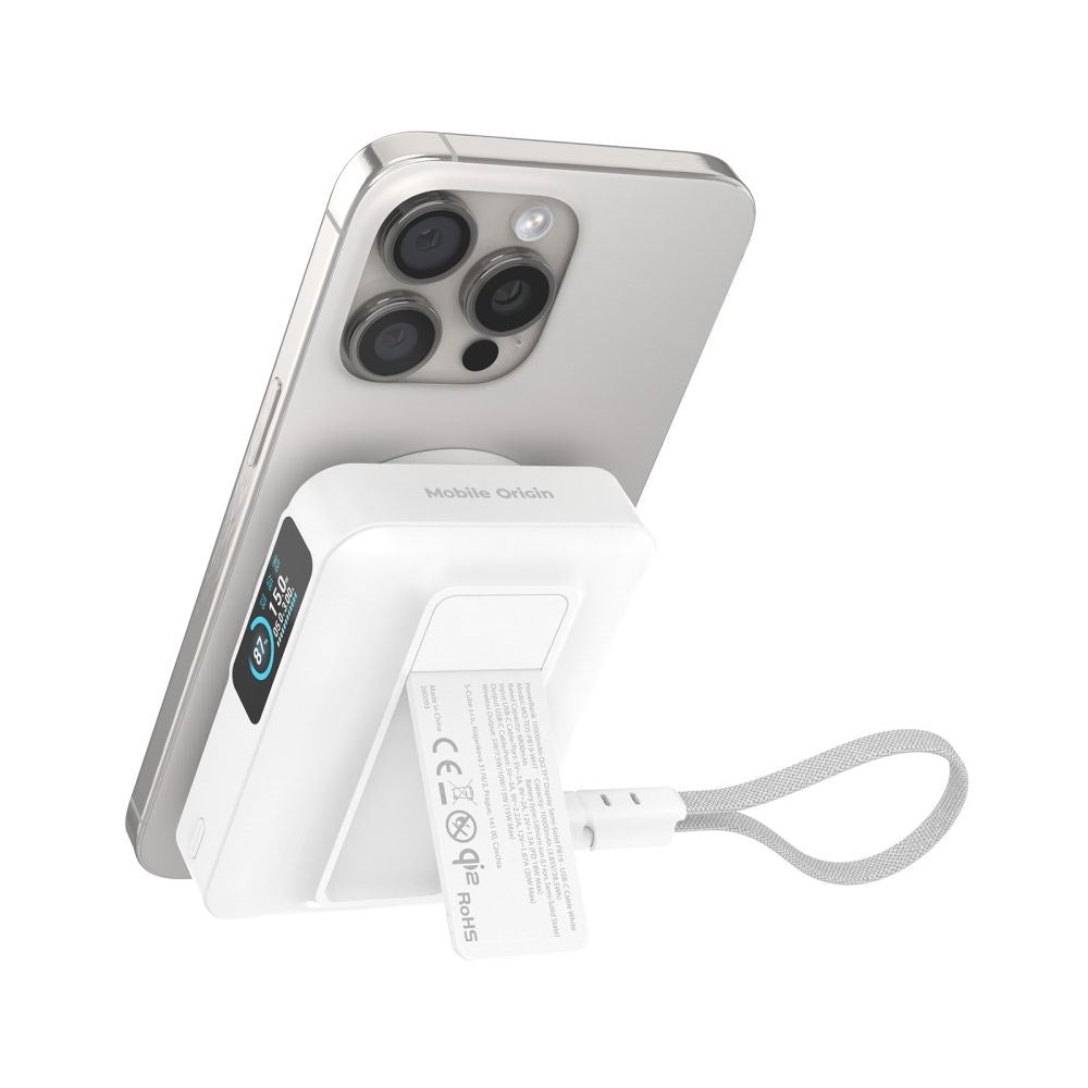 Mobile Origin 10.000mAh Powerbank m. Trådløs Opladning / Indbygget USB-C Kabel - MagSafe / Qi2 Kompatibel - Hvid